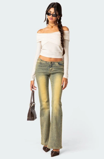 Edikted Crossover Off The Shoulder Long Sleeve Top In Cream
