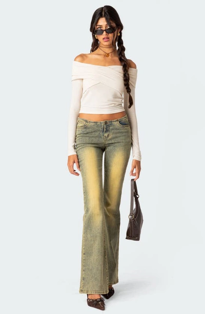 Edikted Crossover Off The Shoulder Long Sleeve Top In Cream