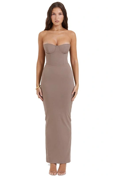 House Of Cb Lucia Strapless Corset Maxi Dress In Mocha