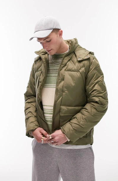 Shop Topman Hooded Heat Press Chevron Quilted Puffer Jacket In Khaki