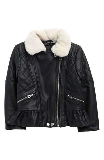 Urban Republic Kids' Peplum Faux Leather Moto Jacket With Faux Shearling Trim In Black