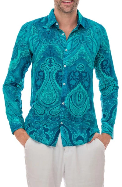 Shop Ranee's Ranees Paisley Linen Blend Button-up Shirt In Teal
