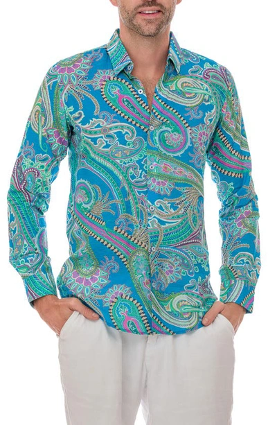 Shop Ranee's Ranees Paisley Linen Blend Button-up Shirt In Sea Foam