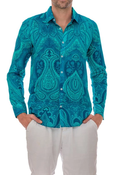 Shop Ranee's Ranees Paisley Linen Blend Button-up Shirt In Teal