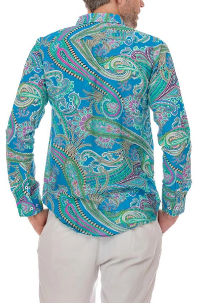 Shop Ranee's Ranees Paisley Linen Blend Button-up Shirt In Sea Foam
