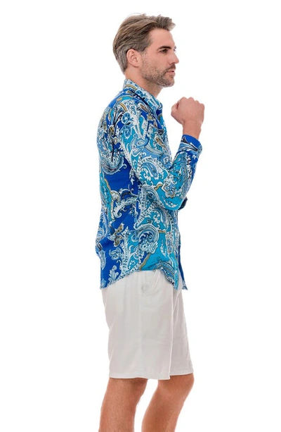 Shop Ranee's Ranees Paisley Linen Blend Button-up Shirt In Light Blue