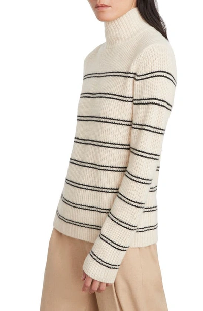 Vince Stripe Shaker Stitch Wool Blend Mock Neck Sweater In Heather Ecru/ Black