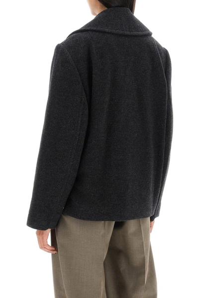 Shop Lemaire Double-breasted Peacoat In Melange Wool In Grey