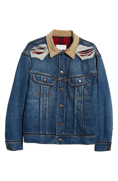 Shop Maison Margiela X Pendleton Ripped Denim Jacket In Indigo