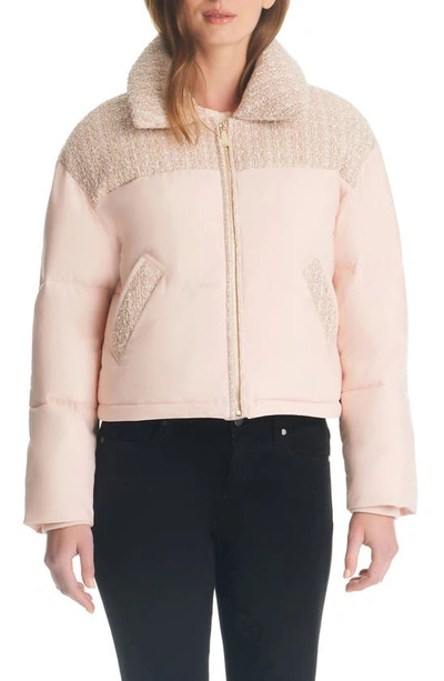 Shop Kate Spade Crop Tweed Mix Media Puffer Jacket In Light Pink
