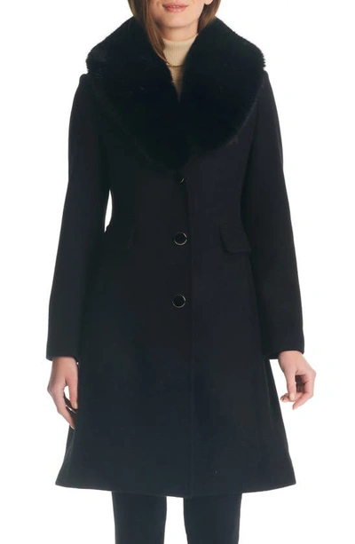 Shop Kate Spade Single Breasted Coat With Faux Fur Collar In Black