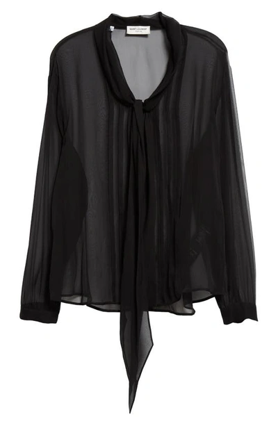 Shop Saint Laurent Pleated Semisheer Silk Muslin Tie Neck Shirt In Noir