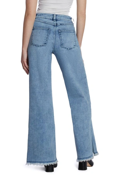 Hint Of Blu Frayed Split Hem Mid Rise Wide Leg Jeans In Split Blue