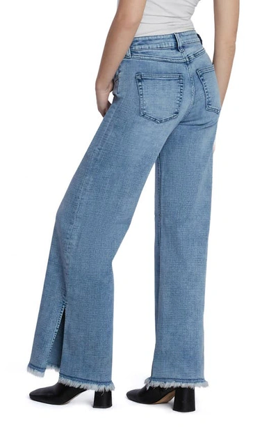 Hint Of Blu Frayed Split Hem Mid Rise Wide Leg Jeans In Split Blue