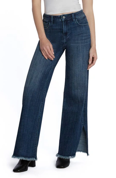 Shop Hint Of Blu Frayed Split Hem Mid Rise Wide Leg Jeans In Market Blue