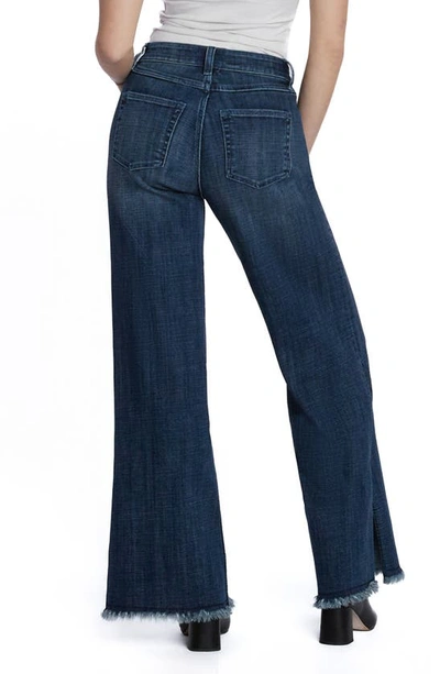 Hint Of Blu Frayed Split Hem Mid Rise Wide Leg Jeans In Market Blue