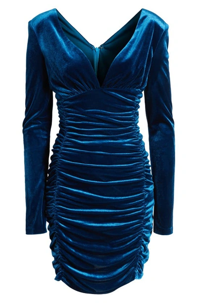 Shop Jewel Badgley Mischka Long Sleeve Ruched Stretch Velvet Cocktail Dress In Peacock