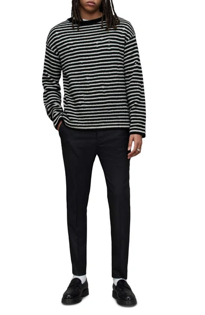 Shop Allsaints Park Stripe Destructed Wool Blend Crewneck Sweater In Black/ Grey Marl