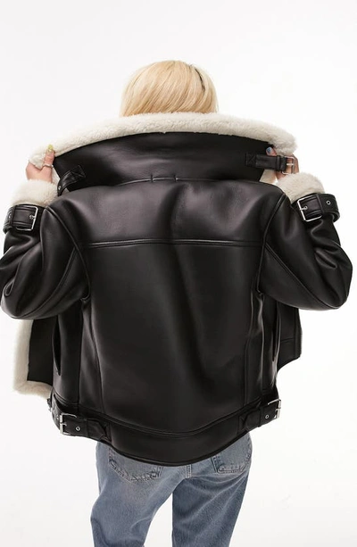 Shop Topshop Oversize Faux Leather Aviator Jacket With Faux Shearling Trim In Black