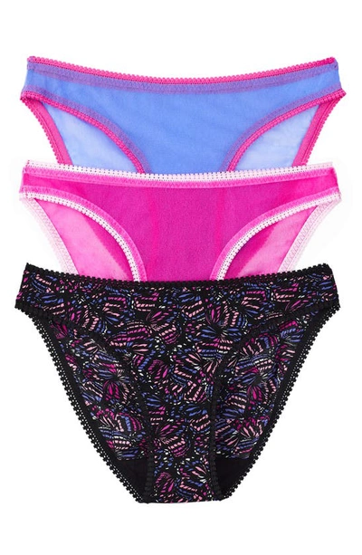 Shop On Gossamer 3-pack Mesh Hip Bikinis In Butterfly Effect/rose Violet
