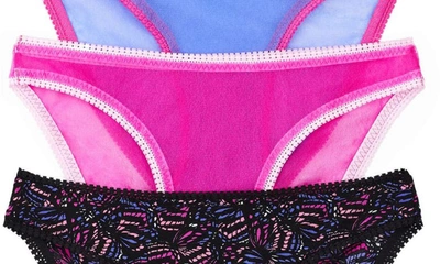 Shop On Gossamer 3-pack Mesh Hip Bikinis In Butterfly Effect/rose Violet