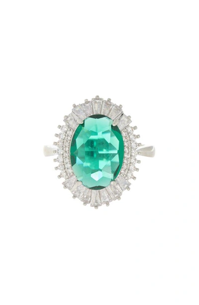 Shop Covet Cz Baguette Halo Ring In Green