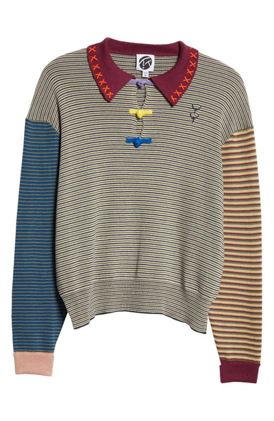 Shop Yanyan Microstripe Embroidered Cotton Sweater In Blue/ Grey/ Yellow