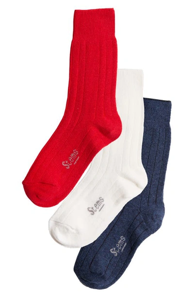 Shop Stems Assorted 3-pack Luxe Merino Wool & Cashmere Blend Crew Socks In Navy/ Ivory/ Red