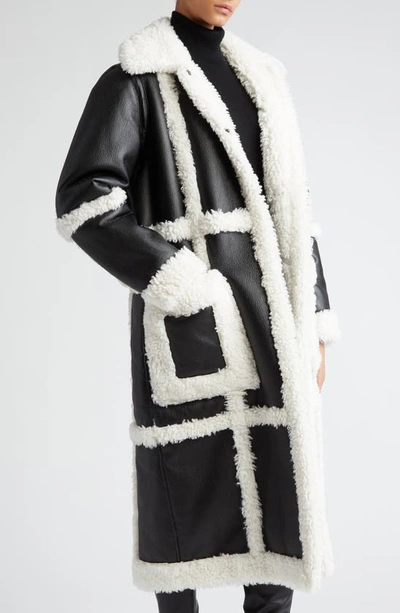 Shop Stand Studio Patrice Faux Leather Coat With Faux Shearling Trim In Black/ Off White
