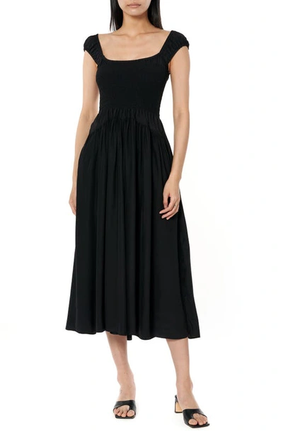 Shop La Ligne Vivian Smock Bodice Silk Midi Dress In Black
