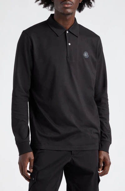 Shop Moncler Logo Patch Long Sleeve Cotton Polo In Black