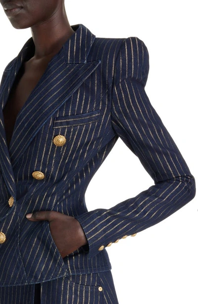Shop Balmain Eight-button Metallic Pinstripe Denim Jacket In Siq Blue Multi