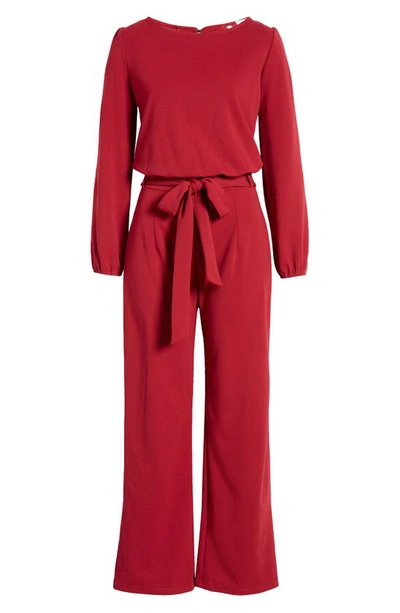 Shop Nikki Lund Joy Long Sleeve Tie Waist Jumpsuit In Burgundy