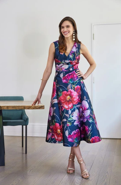 Shop Kay Unger Neva Floral Midi Dress In Raspberry Multi