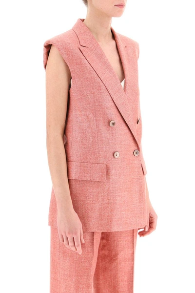 Shop Agnona Double-breasted Vest In Silk, Linen And Wool In Pink