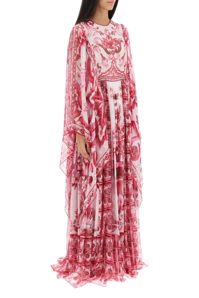 Shop Dolce & Gabbana Maxi Dress In Chiffon With 'maiolica' Pattern In Multicolor