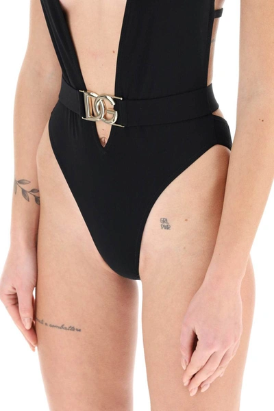 Shop Dolce & Gabbana Plunging Neckline Belted Swimsuit In Black