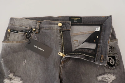 Shop Dolce & Gabbana Gray Embroidery Tattered Slim Fit Denim Men's Jeans