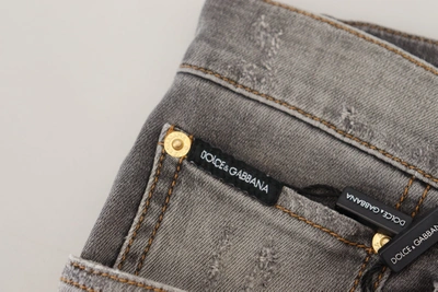 Shop Dolce & Gabbana Gray Embroidery Tattered Slim Fit Denim Men's Jeans