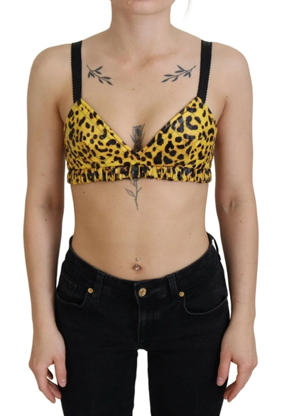 Shop Dolce & Gabbana Yellow Leopard Cropped Bustier Corset Bra Women's Top