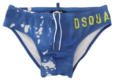 Shop Dsquared² Blue White Logo Print Men Swim Brief Men's Swimwear In Blue And White