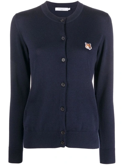 Shop Maison Kitsuné Embroidered-motif Button-fastening Cardigan In Navy