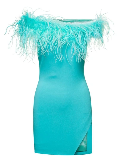 Shop Giuseppe Di Morabito Mini Light Blue Dress With Feather Trim And Split In Stretch Viscose Woman