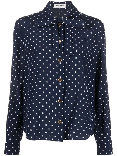 Shop Miu Miu Polka-dot Silk Shirt In Blu+avorio