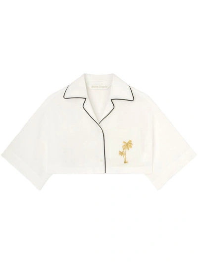 Shop Palm Angels Logo-embroidered Cropped Linen Shirt In Off White