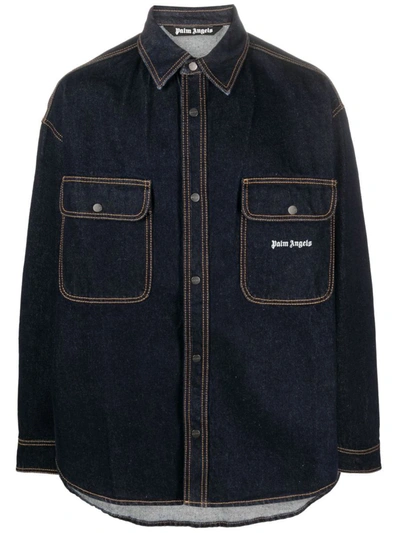 Shop Palm Angels Palm Angles Logo-embroidered Denim Shirt In Navy Blue White