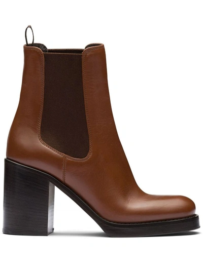 Shop Prada Brushed Leather 85mm Ankle Boots In Cognac