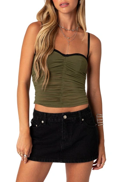 Shop Edikted Moira Ruched Mesh Bra Top In Olive