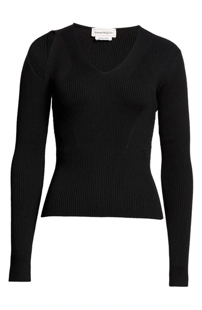 Shop Alexander Mcqueen Slash Cutout V-neck Wool Blend Rib Sweater In Black