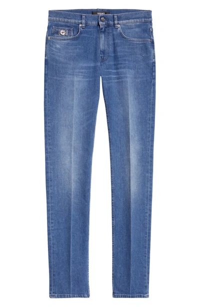 Shop Versace Taylor Fit Medusa Detail Stretch Straight Leg Jeans In Washed Medium Blue